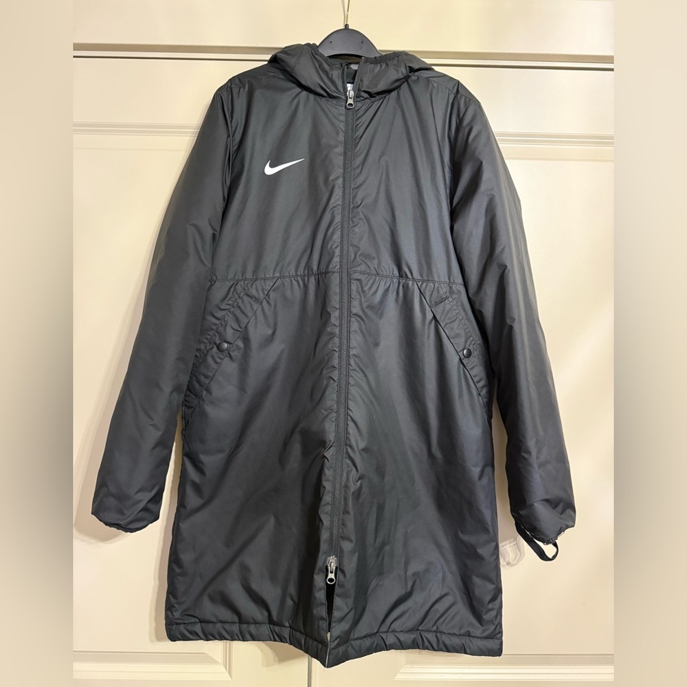 Nike Black Hooded Long Puffer Coat with Swoosh